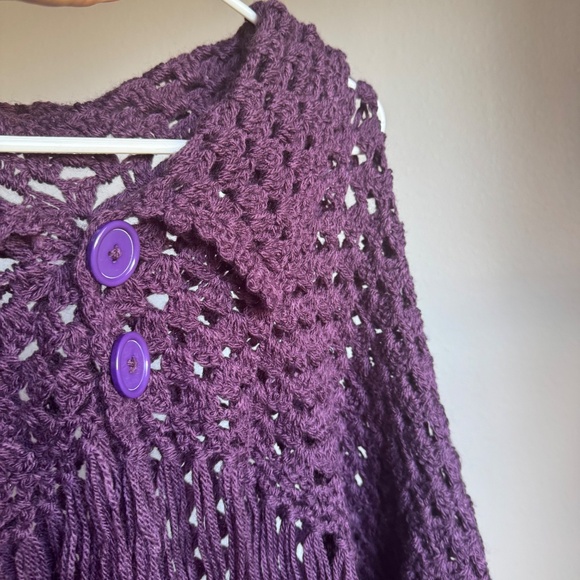 Handmade Crochet Purple Poncho with Tassels Buttons - Picture 7 of 7